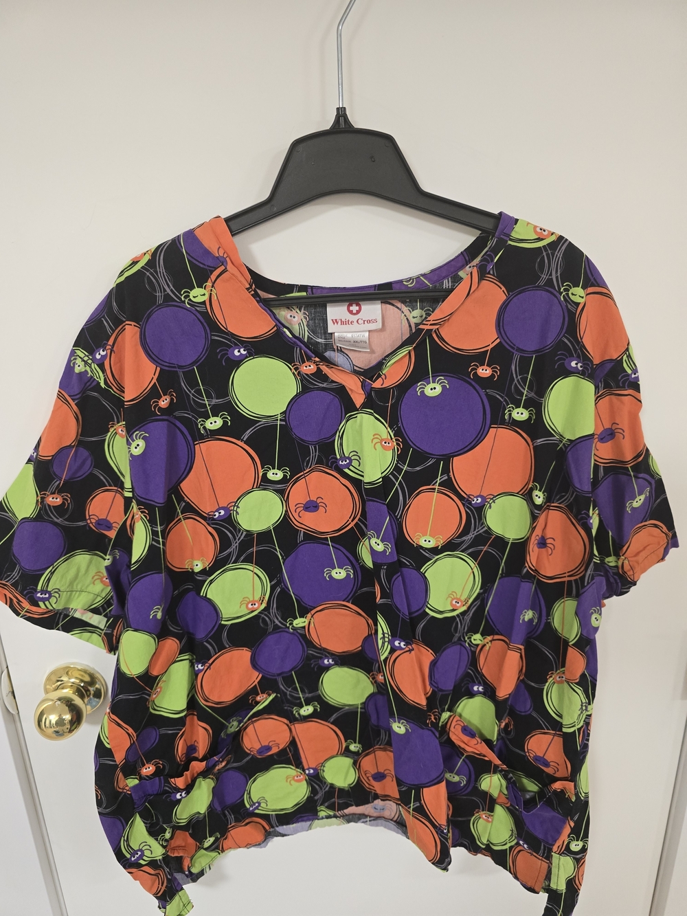 White Cross Women's Halloween Dot Print Scrub Top - Black/Orange/Purple/Green
